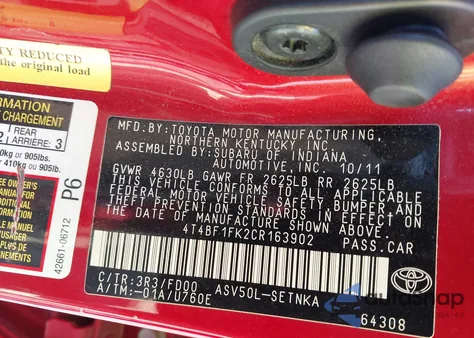 2012 Toyota Camry Le from USA, damaged, VIN 4T4BF1FK2CR163902